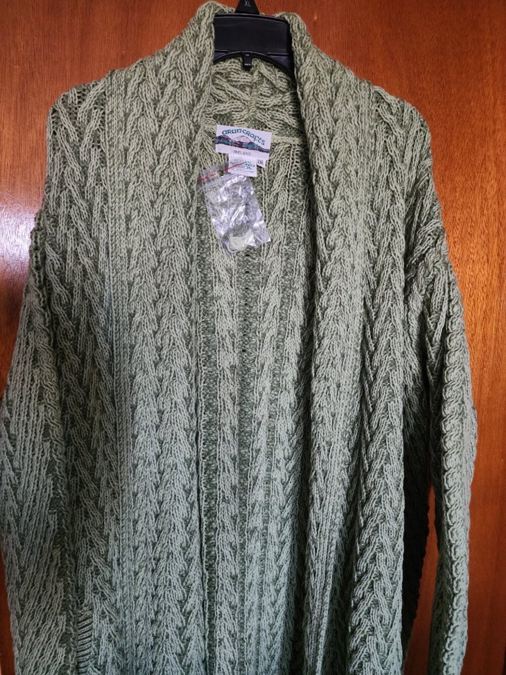 Women's XXL Aran Crafts Light Green Knit Merino Wool LS Open Cardigan Sweater